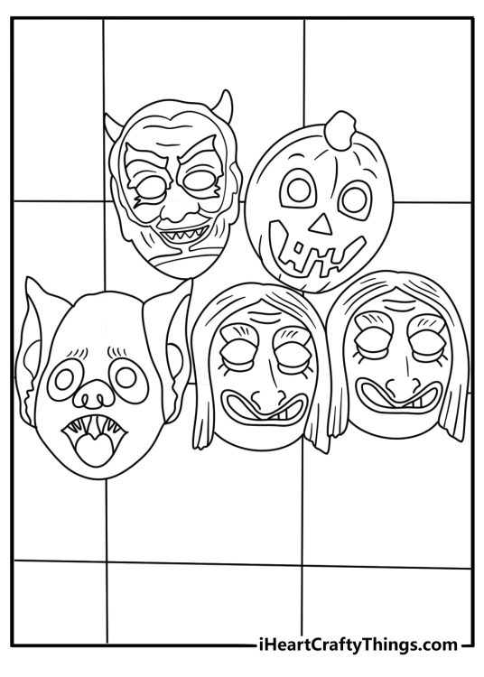 Printable Halloween coloring page with costume masks hanging on a wall