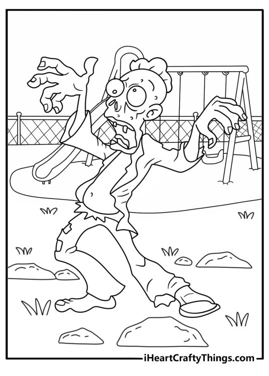 Printable Halloween page showing a zombie near a rusty playground