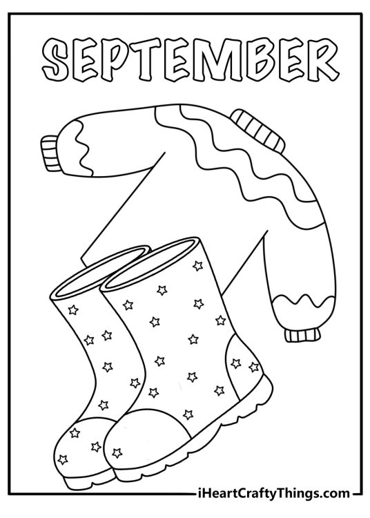 Printable September coloring page with a cozy sweater and rain boots