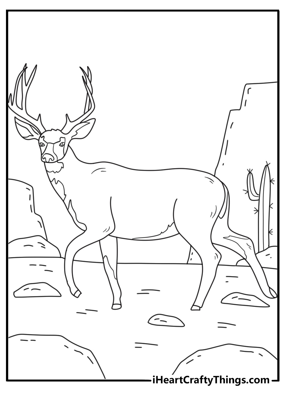 Printable animal coloring page showing a mule deer in desert scrub