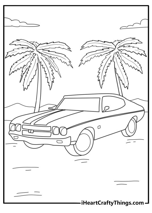 Printable car themed coloring card presenting Vintage Chevrolet Chevelle SS with palms and sea in the background