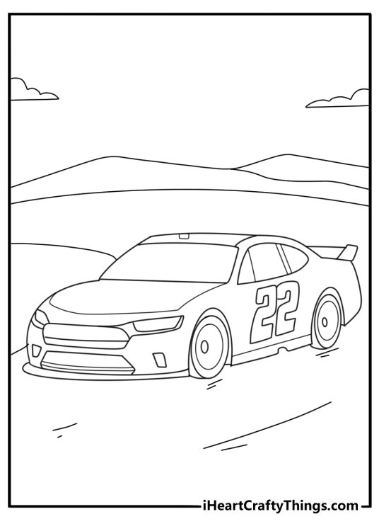 Printable coloring drawing of a racing car with a number 22 painted on the side