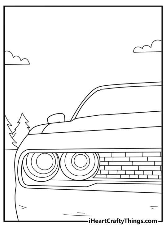 Printable coloring image featuring a close up Dodge car on the road with some trees behind it