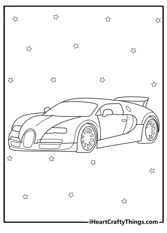 Printable coloring page for children presenting Bugatti car surrounded by stars