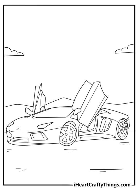 Printable coloring poster featuring cool looking Lamborghini car with scissor doors