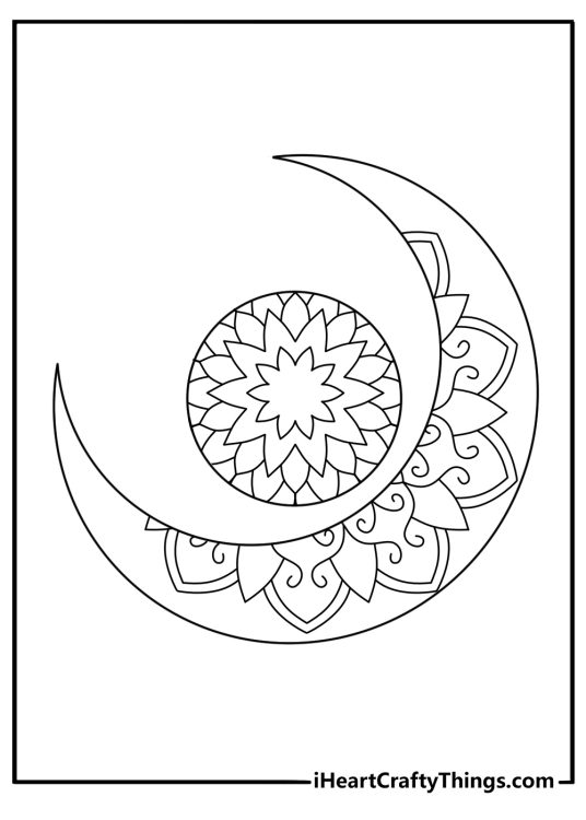 Printable coloring sheet featuring crescent moons and tiny planets