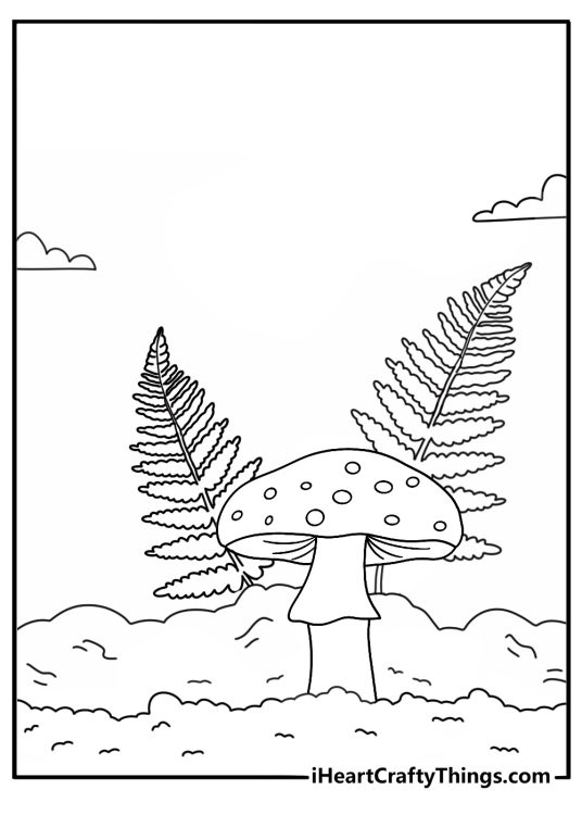 Printable coloring sheet showing a fly agaric beside fern leaves