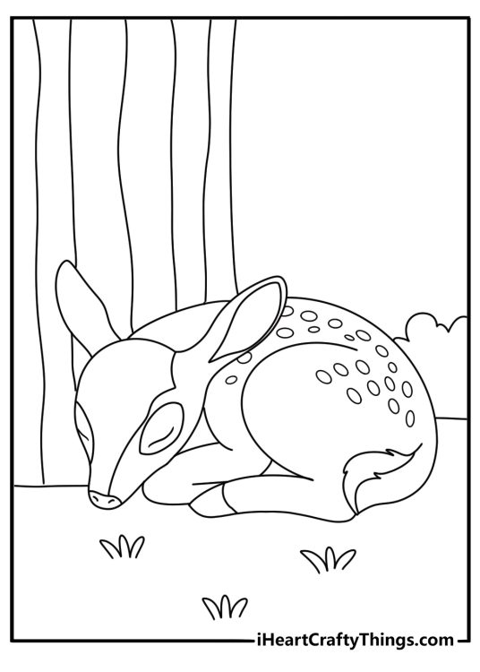 Printable deer coloring page with a fawn beside a tree stump