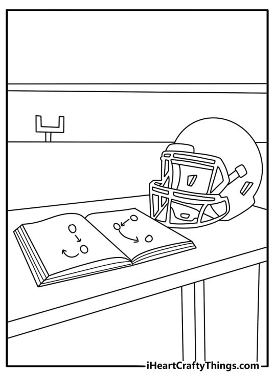 Printable football coloring page featuring a playbook beside a bench
