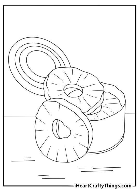 Printable fruit coloring page showing canned pineapple rings beside a tin