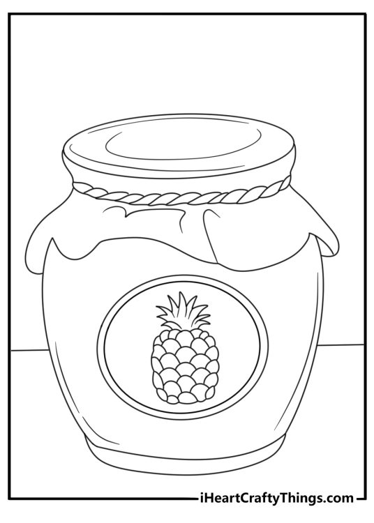 Printable fruit coloring sheet with pineapple jam in a glass jar