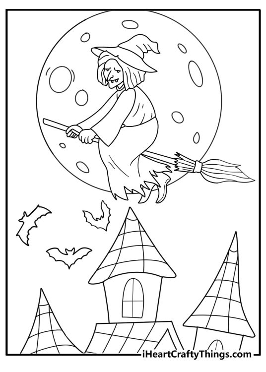 Printable haunted house page with a witch flying above the roof