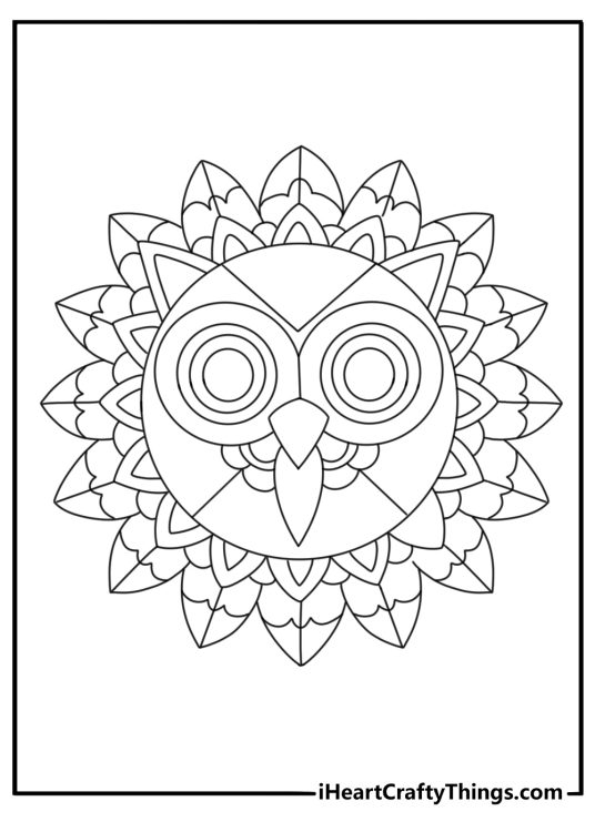 Printable mandala coloring page featuring an owl face with feather patterns