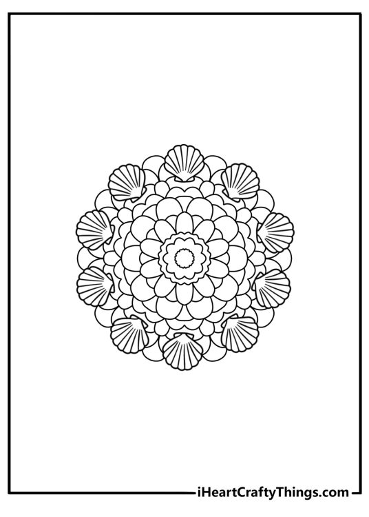 Printable mandala coloring page showing seashells around a round border