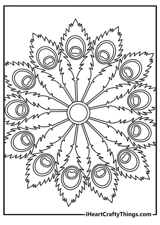 Printable mandala for adults showing peacock feathers in repeating rings