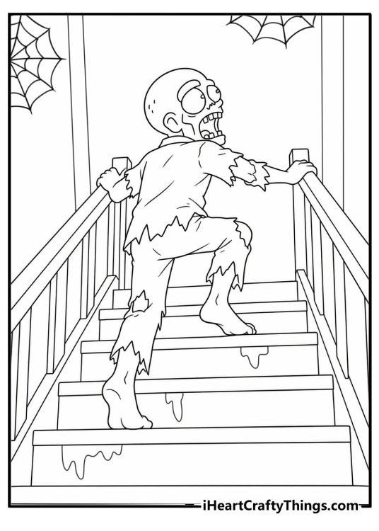Printable monster sheet showing a zombie climbing a wooden staircase