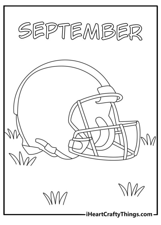 Printable month coloring sheet showing a football helmet beside grass
