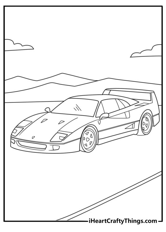 Printable page featuring highly detailed two doors sports car with a spoiler at its back