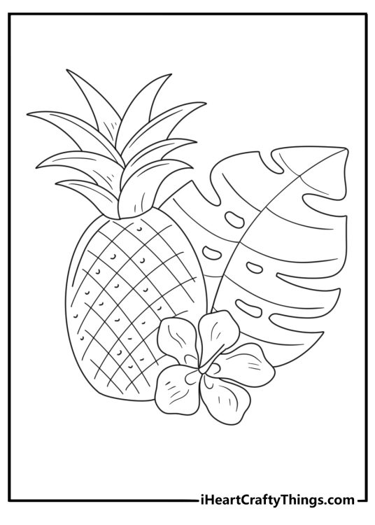 Printable pineapple page featuring tropical wallpaper with bold leaves