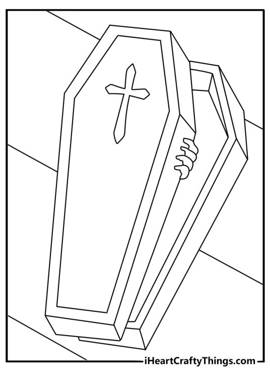 Printable spooky coloring sheet featuring a coffin inside the parlor