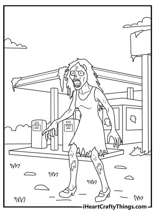 Printable spooky coloring sheet showing a zombie beside an abandoned gas station