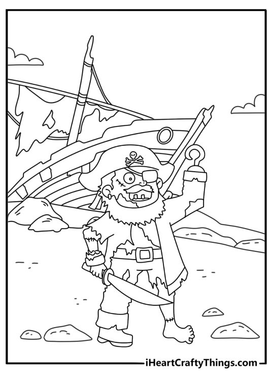 Printable zombie coloring page with an undead pirate near a shipwreck