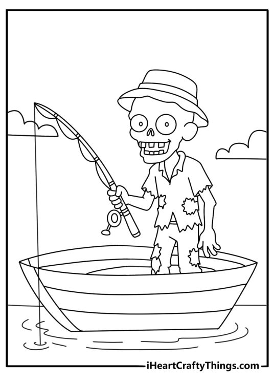 Printable zombie scene featuring an undead fisherman beside a small boat