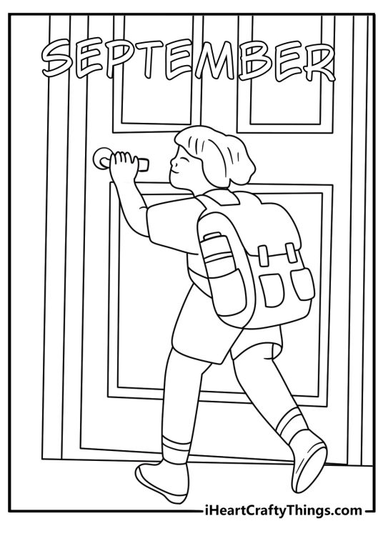 September coloring page for kids showing a backpack by a classroom door