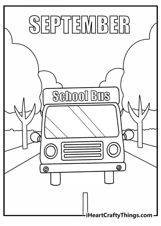 September coloring page showing a school bus near a tree lined road