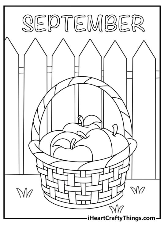 September coloring pages scene featuring an apple basket near a farm fence