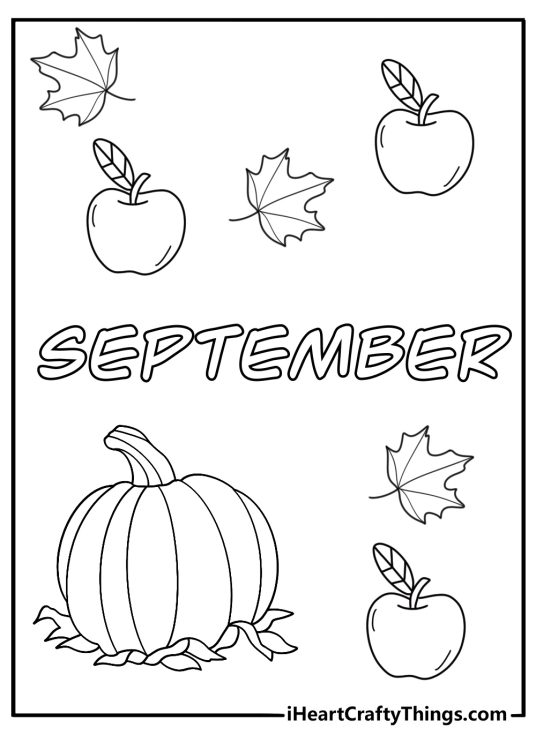 September word art surrounded by apples pumpkins and fall harvest items coloring sheet