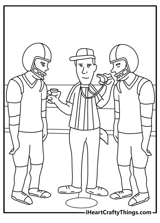 Super Bowl coloring page featuring the opening coin toss at midfield