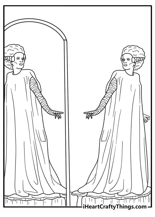The Bride of Frankenstein stands near a tall mirror in this detailed sheet