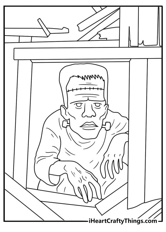 The monster hides inside an abandoned barn in this easy coloring page
