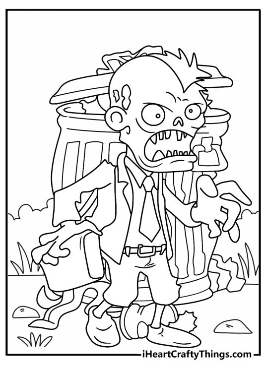 Zombie coloring page for kids featuring a funny zombie near a trash can