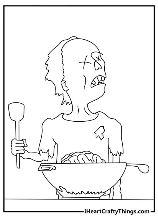 Zombie coloring page showing an undead cook inside an empty diner