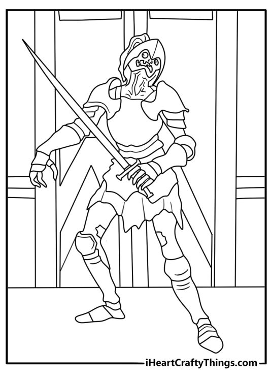 Zombie coloring page showing an undead knight near a castle gate