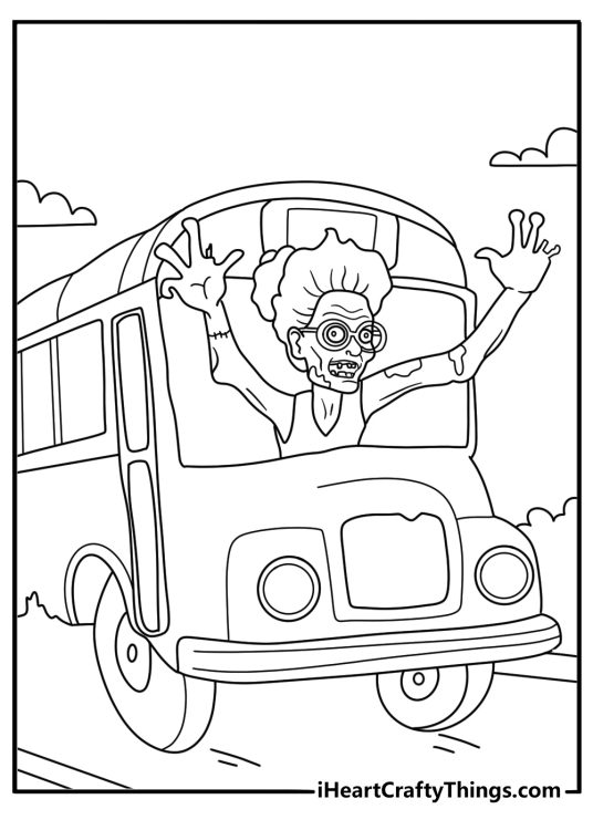 Zombie coloring pages printable featuring a zombie inside an old school bus