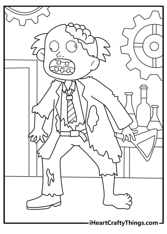Zombie coloring pages scene featuring a scientist zombie inside a laboratory