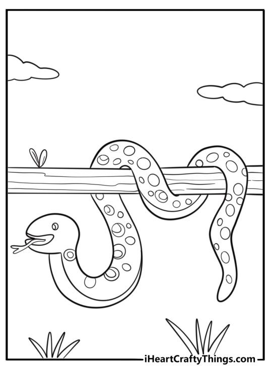 Anaconda beside a fallen tree cartoon style coloring sheet