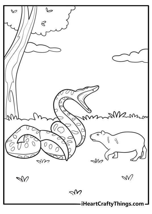 Anaconda hunting a capybara forest background coloring page