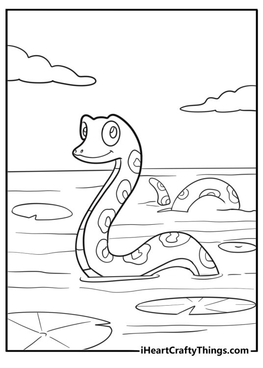 Anaconda in a swamp with lily pads coloring page