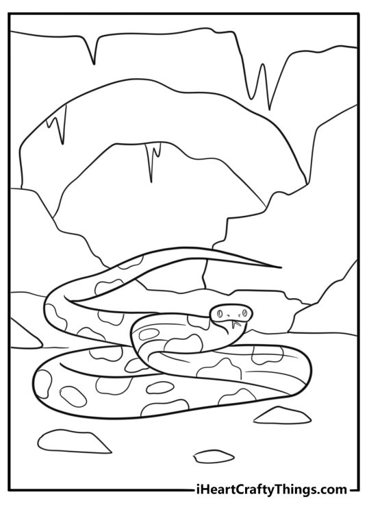 Anaconda slithering out of a cave coloring sheet