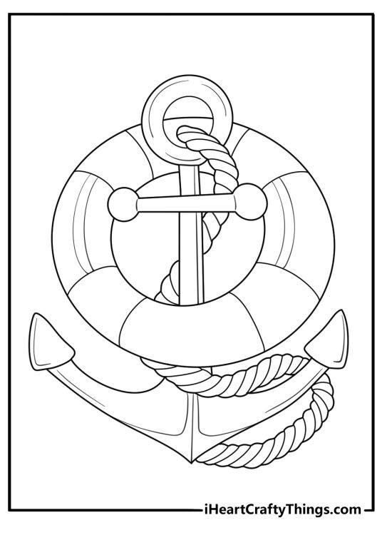 Anchor and life preserver boat safety coloring page