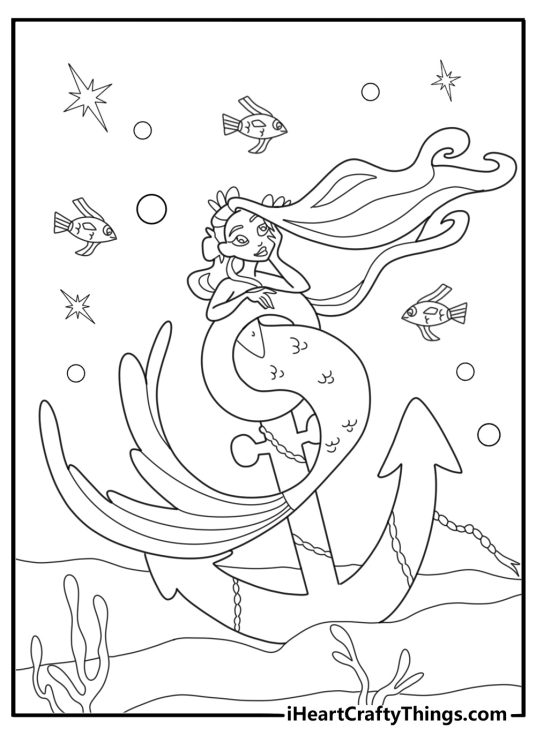 Anchor and mermaid ocean fantasy coloring page