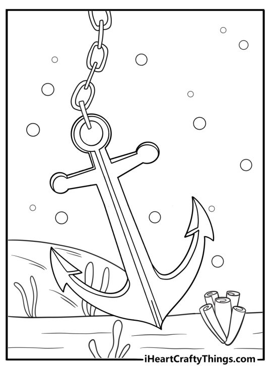 Anchor surrounded by bubbles underwater scene coloring sheet