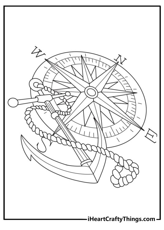 Anchor with compass rose navigation theme coloring sheet