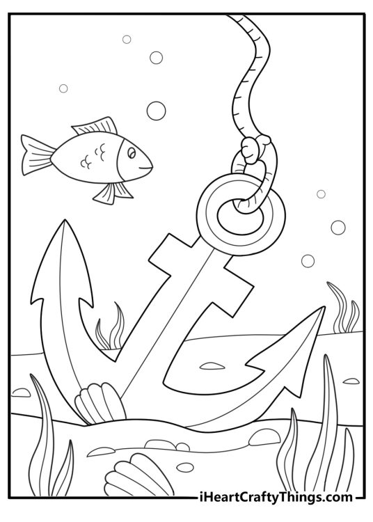 Anchor with coral reef underwater coloring sheet