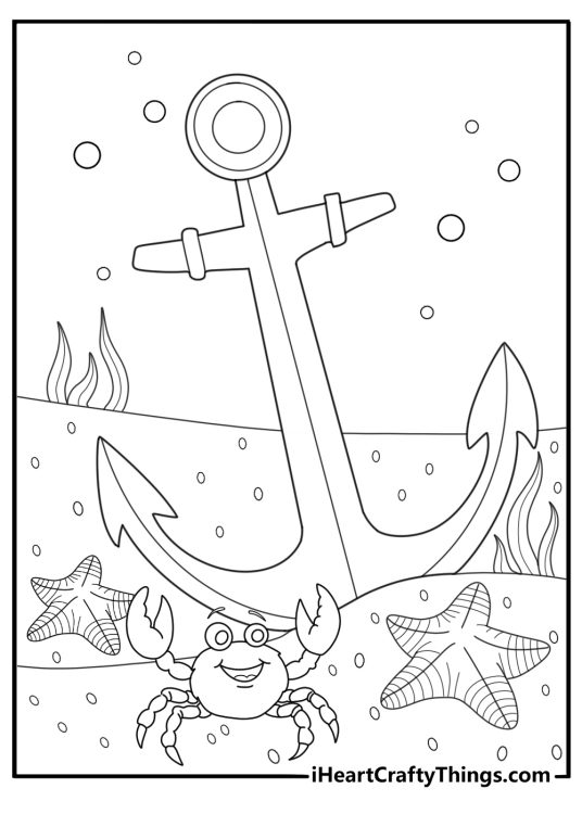 Anchor with crab and shells beach theme coloring page