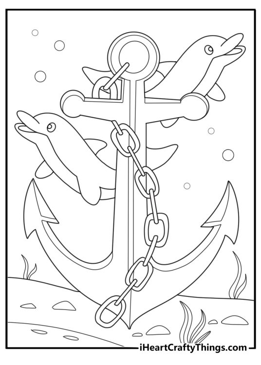 Anchor with dolphins swimming nearby ocean coloring sheet